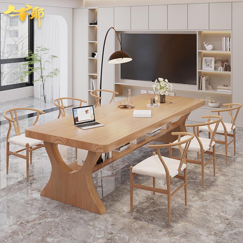 北欧个性创意实木长桌设计师造型写字看书桌双层原木图书馆阅读桌