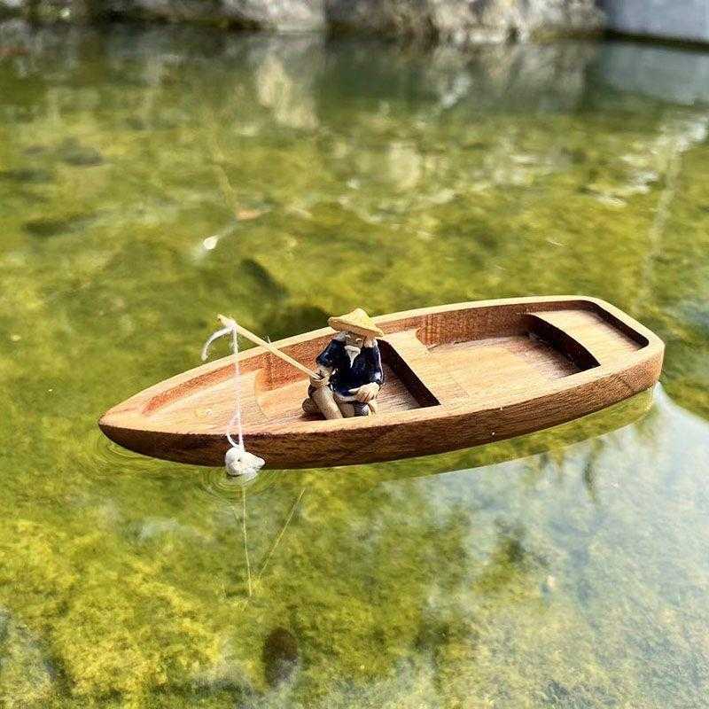 木船乌篷船实木下水摆件迷你漂浮鱼缸模型造景木质渔船鱼池装饰