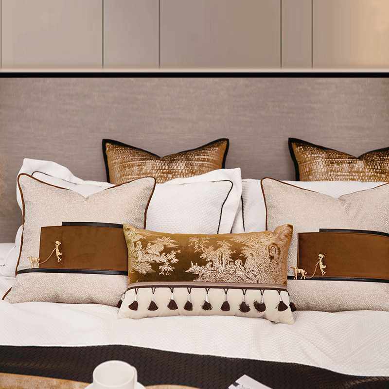 现代高奢烫金绒布床上套件抱枕组合样板间基础四件套床品厂家