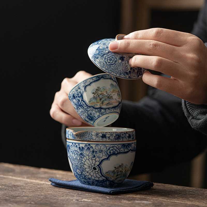 臻璞仿古青花斗彩快客杯便携式旅行茶具一壶二杯家用书房小泡茶具