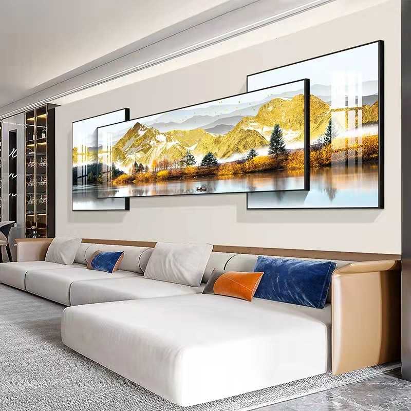 背靠金山画中画大气客厅装饰画商务酒店大厅壁画三联晶瓷叠加画图片