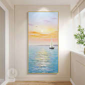 旭日东升手绘油画玄关装 饰画肌理画大海日出现代轻奢客厅过道挂画
