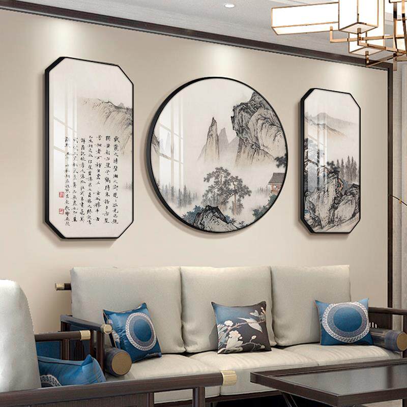 新中式山水画客厅装饰画沙发背景墙壁画办公室书房茶室三联画挂画