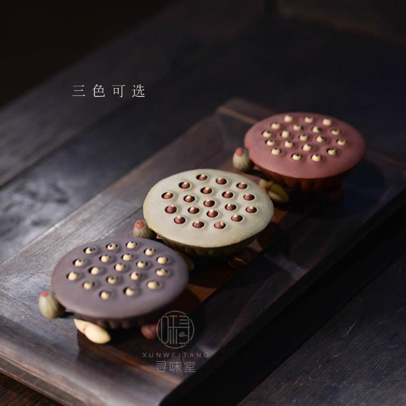 宜兴紫砂莲蓬摆件｜手工创意莲子茶宠盖托盖置可养功夫茶具配件
