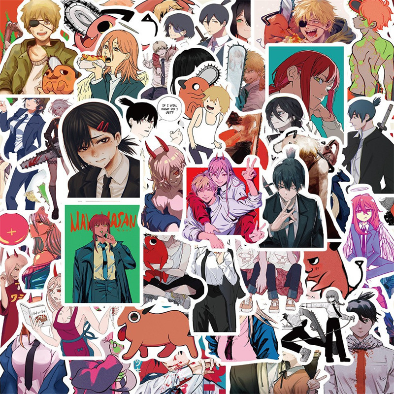 50张电锯人卡通个性动漫涂鸦贴纸可装饰手机平板手账旅行箱滑板吉他笔记本ipad保温杯储物箱钓箱DIY防水贴画,3C数码配件,笔记本个性小贴纸,淘宝优惠券,粉丝福利购,淘宝优惠卷