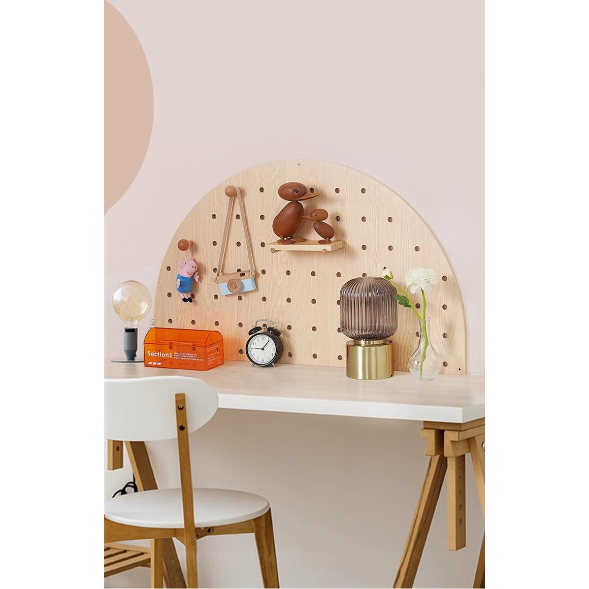 半圆形实木洞洞板桌面挂板书架 定制书房卧室床头书桌挂墙置物架