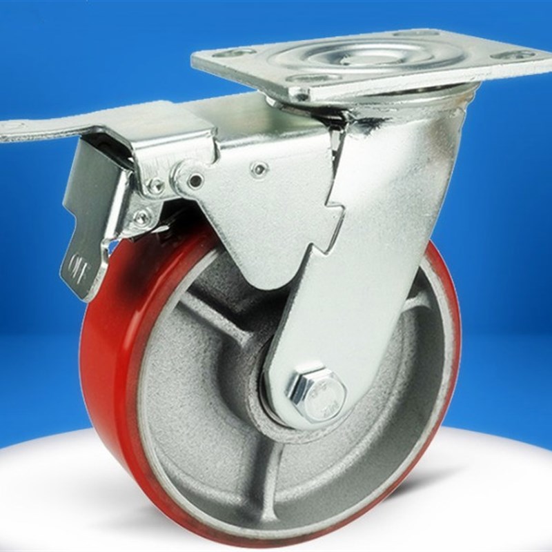 5寸红色重型铁芯PU聚氨酯脚轮4寸6寸8寸万向轮静音轮工业脚轮推车