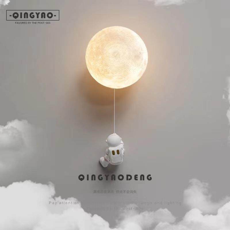 儿童房创意宇航员月球壁灯北欧个性卡通男孩卧室床头背景墙灯新款