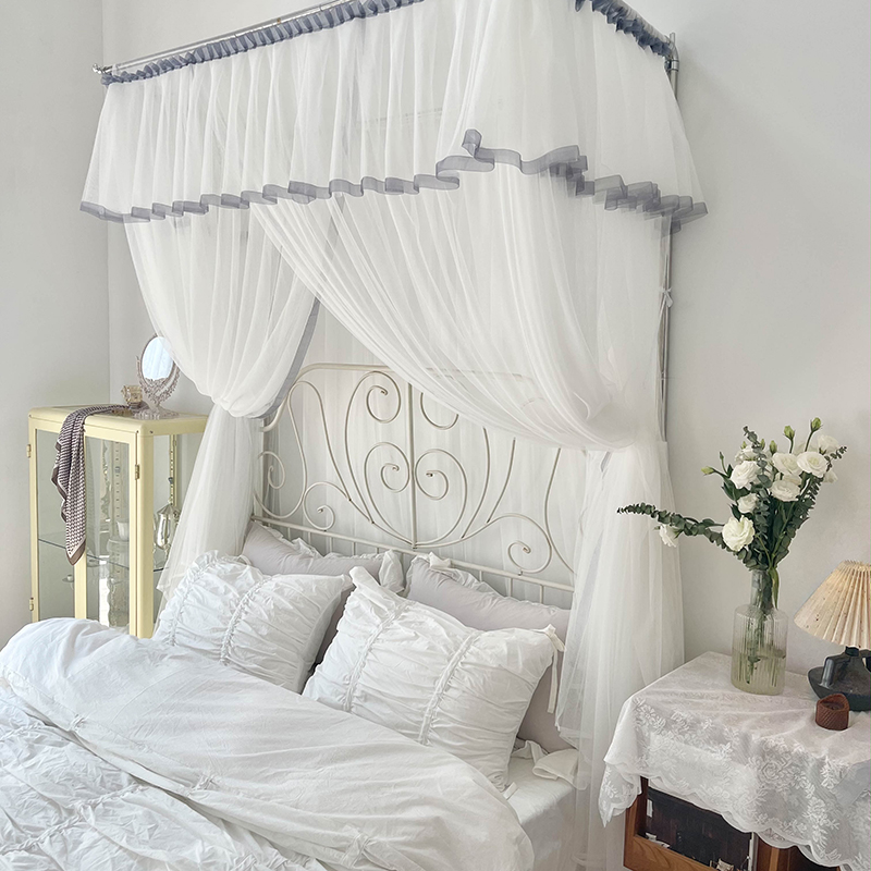 白色U型伸缩蚊帐三开门支架家用卧室公主风床幔加密落地新款高级