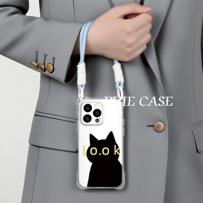 OPPOReno15手机壳软12ProMax适用LOOK黑猫iPhone17四角开孔13透明苹果14防摔荣耀400ins风16plus斜挎手腕挂绳