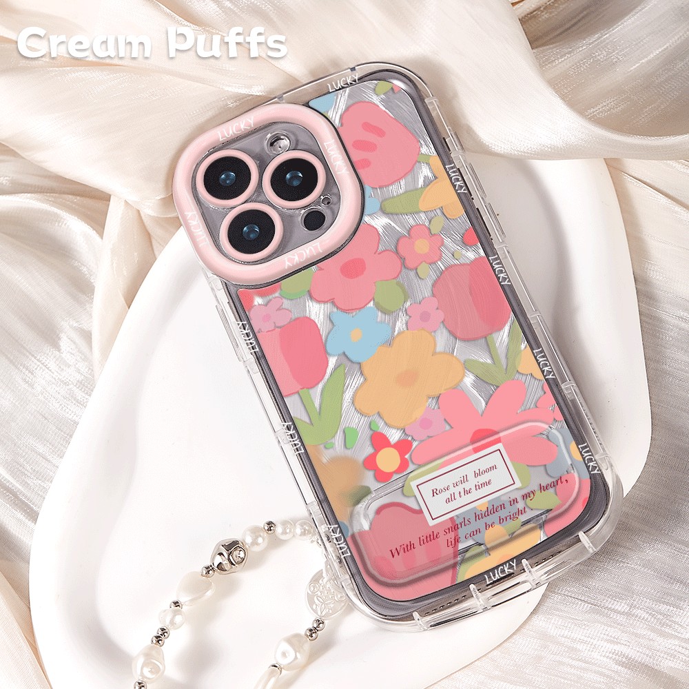 小清新苹果14镜子支架13适用17ProMax标签彩色花朵iPhone16少女心华为NOVA11带挂绳15plus手机壳软真我gt7pro