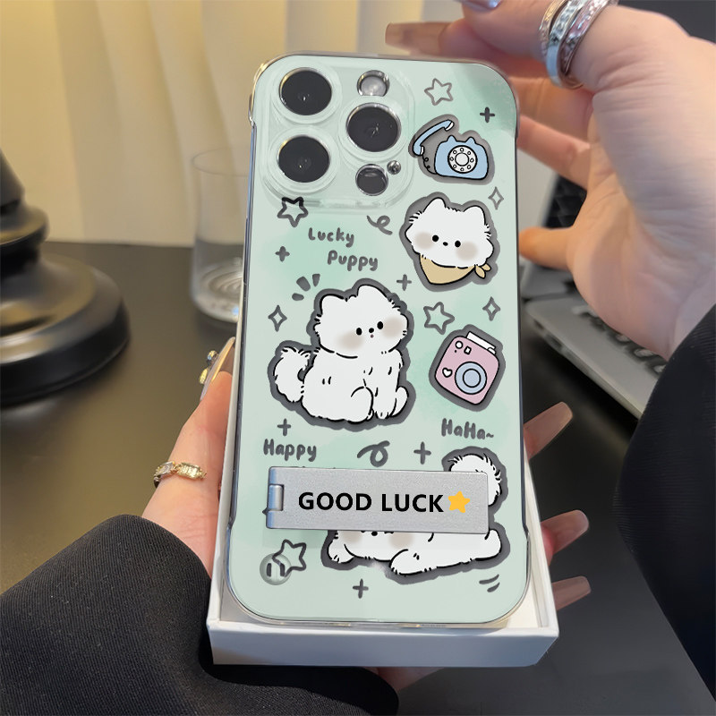 超薄iPhone16相机小狗无边框OPPOA5PRO高级感苹果12Promax硬华为创意15透明13卡通适用14手机壳带支架VIVOS20