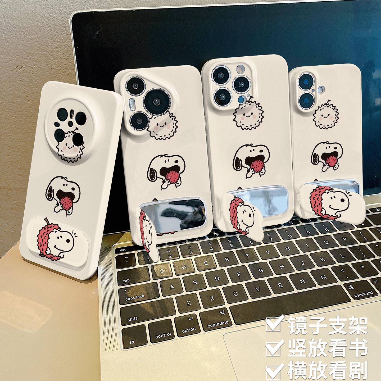 OPPOFindx8带镜子支架14plus适用苹果16手机壳硬15创意iPhone13菲林12ProMax荔枝史努比真我NEO7TURBO卡通s30
