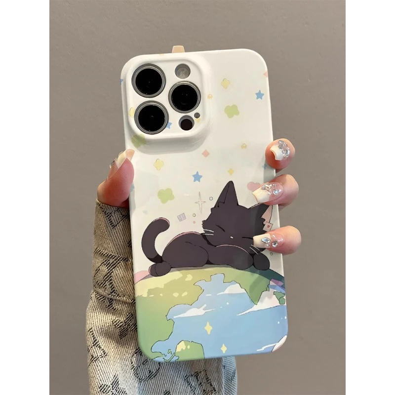 iPhone15带镜子支架14plus适用苹果13菲林12ProMax星球黑猫16手机壳硬华为Mate70ins风荣耀300可爱真我gt7pro