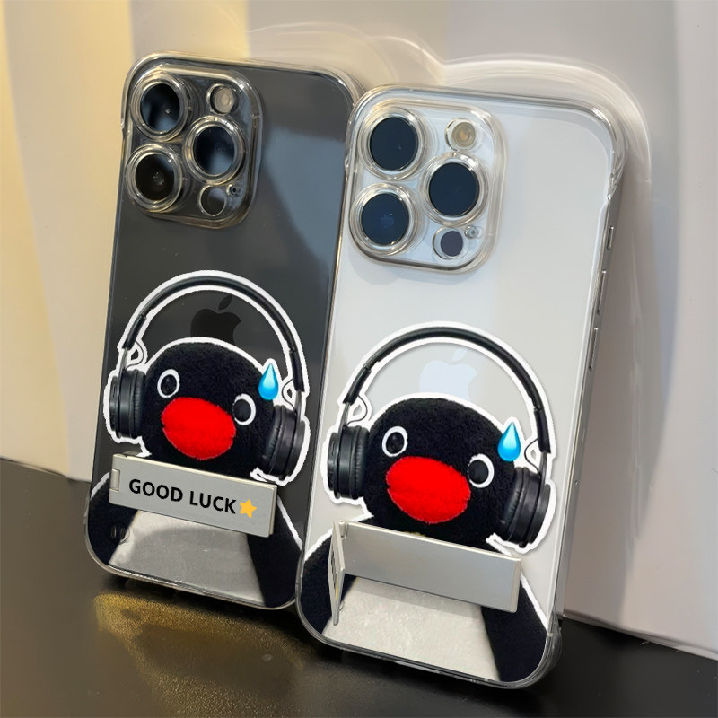 创意15Promax无边框硬iPhone14手机壳带支架pingu企鹅家族OPPOA5PRO超薄荣耀GT卡通苹果16透明12适用13高级感
