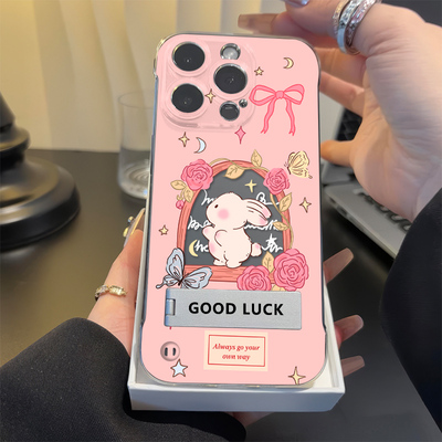 兔子玫瑰红米TURBO4手机壳带支架OPPOReno14硬13高级感苹果16无边框透明iPhone15适用12promax超薄荣耀MAGIC7