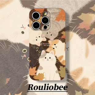 16PLUS菲林14ProMax可爱适用IQOO13苹果12卡通手机壳iPhone17小米CIVI4PRO硬红米NOTE15枫叶猫咪OPPOA5活力版
