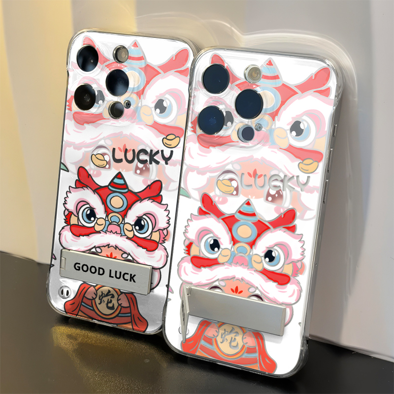 国潮醒狮iPhone16适用苹果13无边框红米TURBO4透明12promax手机壳带支架OPPOReno14硬超薄15高级感荣耀MAGIC7