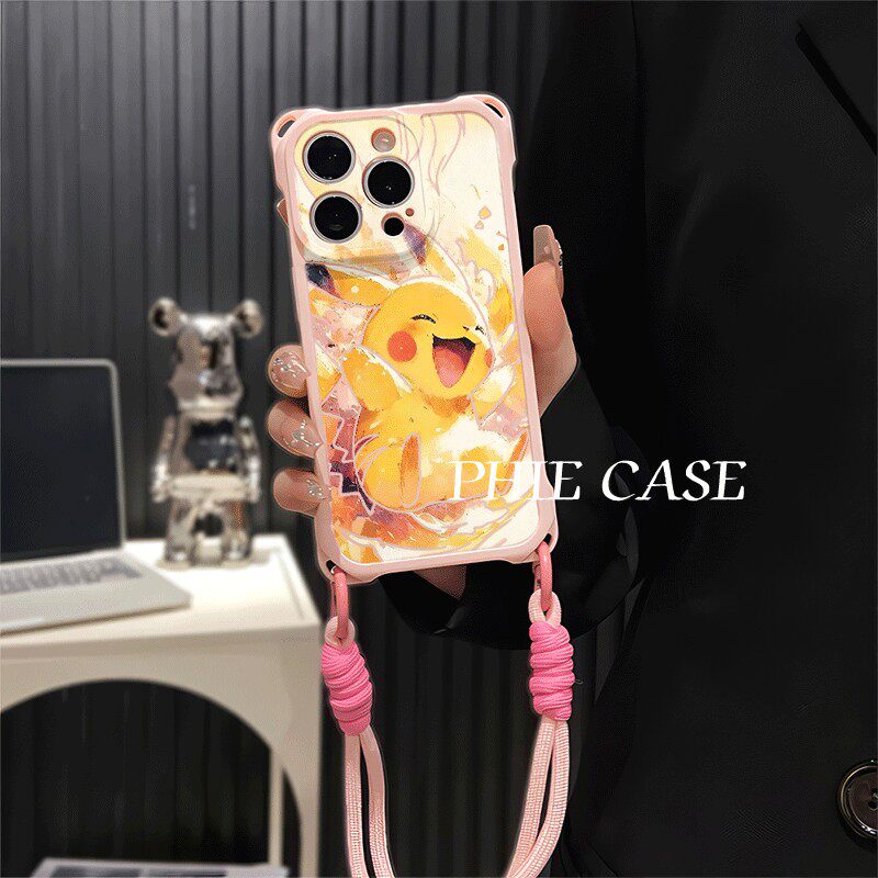 iPhone16斜挎手腕挂绳苹果12ProMax开心皮卡丘华为Mate70适用防摔荣耀MAGIC7透明15plus手机壳软14四角开孔13