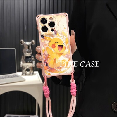 iPhone16斜挎手腕挂绳苹果12ProMax开心皮卡丘华为Mate70适用防摔荣耀MAGIC7透明15plus手机壳软14四角开孔13