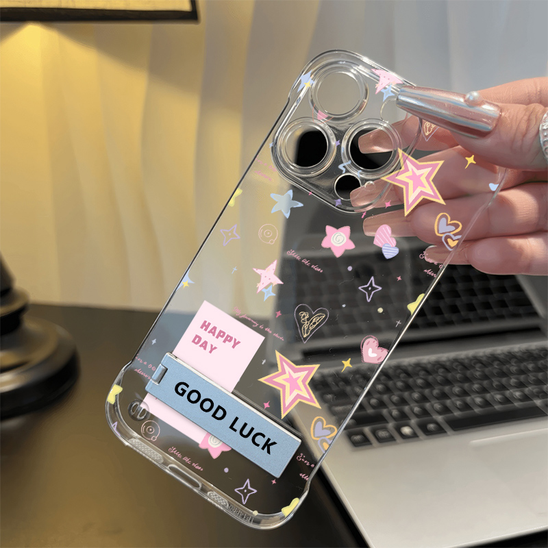 OPPOReno14硬超薄小米15spro高级感VIVOx200英文爱心星星iPhone16适用苹果13promax无边框透明12手机壳带支架
