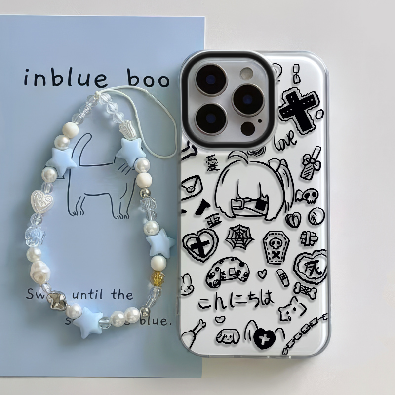 红米note14大孔iPhone12卡通VIVOs20苹果13手机壳带挂绳15plus适用16promax硬OPPOfindx8中二黑白六花荣耀x60