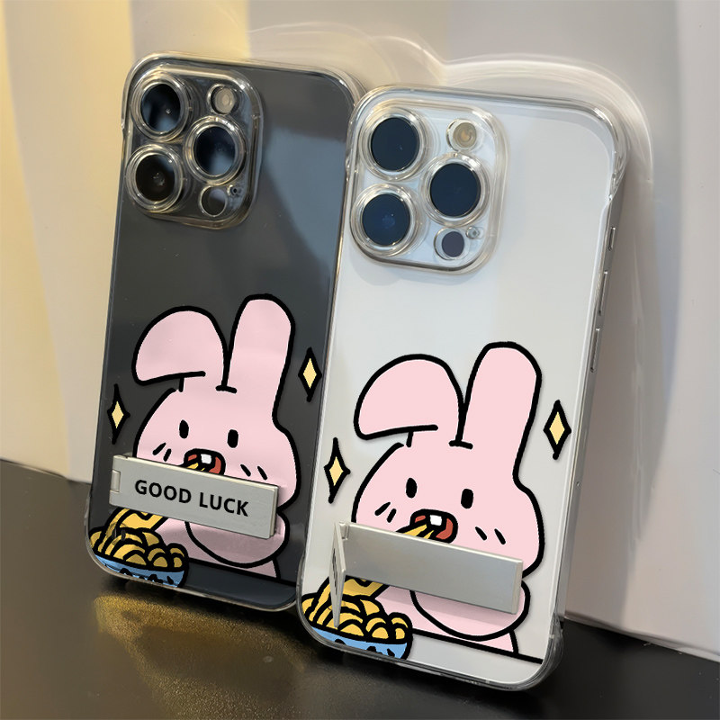 苹果13适用OPPOReno14情侣干饭小兔无边框12创意手机壳带支架15PLUS小米CIVI4PRO硬透明iPhone16超薄17ProMax