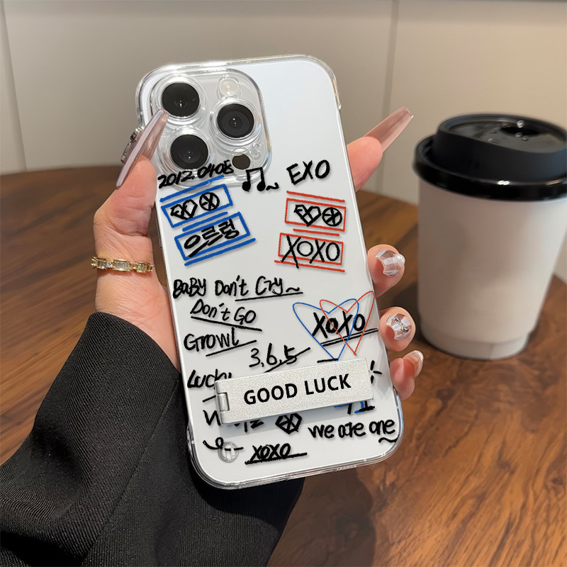 苹果13周边14无边框硬16ProMax满屏涂鸦EXO适用VIVOx200s小米17Pro透明ins风超薄15PLUS手机壳带支架iPhone12