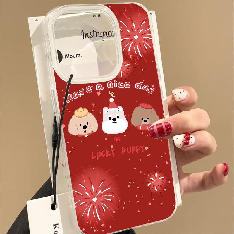 苹果13手机壳ins风16PLUS新年红烟花小狗OPPOReno14小米17ProMax新款适用iPhone15大孔硬一加12华为MATE70AIR