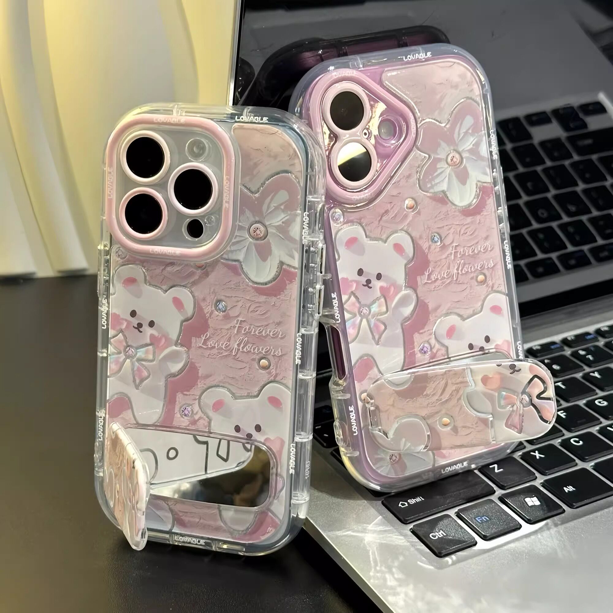 带镜子支架iPhone13手机壳12适用ins风17Air少女心IQOOZ10TURBO粉色油画小熊15ProMax羽纱泡芙软Reno14苹果16