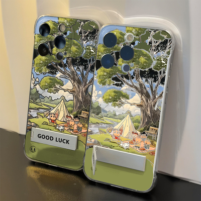 苹果16适用红米K90ProMax小清新透明硬13露营小新12手机壳带支架iPhone14超薄小米17无边框15PLUS卡通荣耀500