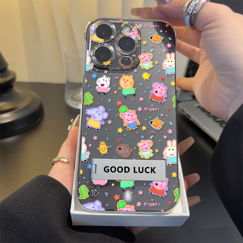 满屏可爱佩奇适用iPhone17可爱VIVOIQOO15硬16plus手机壳带支架苹果14无边框13ProMax超薄12透明卡通一加ACE6