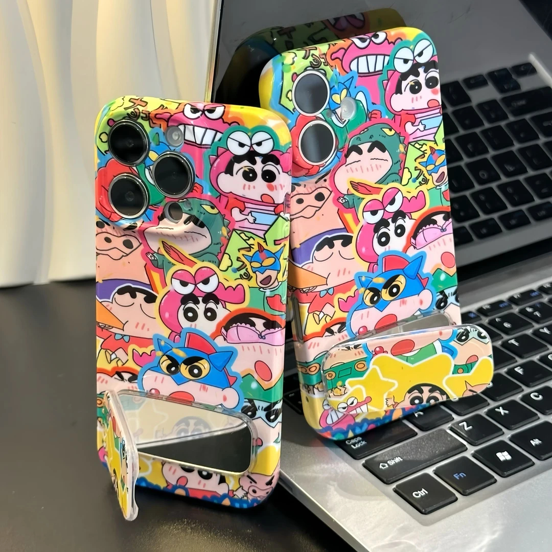 华为P80PRO手机壳带镜子支架iPhone15ProMax卡通荣耀x70i适用苹果14鳄鱼小新Nova12硬菲林IQOO13高级感16plus