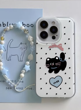 iPhone16适用硬15大孔14plus苹果13手机壳带挂绳12ProMax波点小黑猫荣耀X70IOPPOFINDX8VIVOIQOONEO9小米15