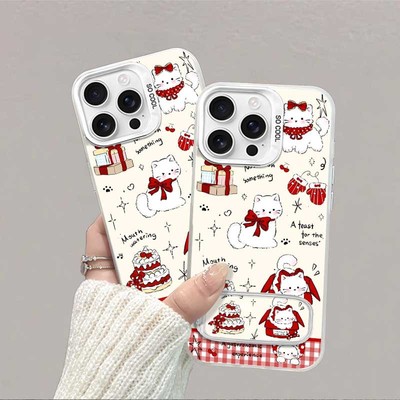 蛋糕猫咪iPhone16彩银华为Nova14卡通硬苹果12可爱适用手机壳15PLUS高级感13ProMax带镜子支架ins风VIVOx200s