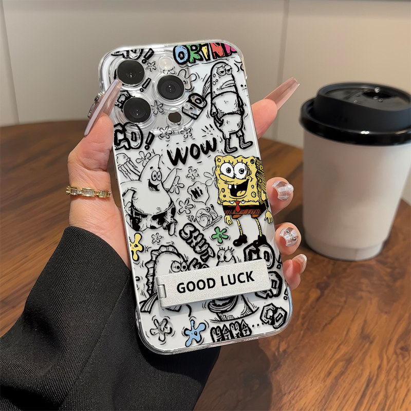 超薄适用iPhone15线条海绵宝宝手机壳带支架Nova14无边框硬16PLUS卡通一加ACE6透明12ProMax苹果13小米17创意