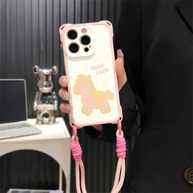 iPhone16国风华为PURA90斜挎手腕挂绳荣耀x80i苹果13四角开孔小米17福字小马适用防摔15plus手机壳软14ProMax