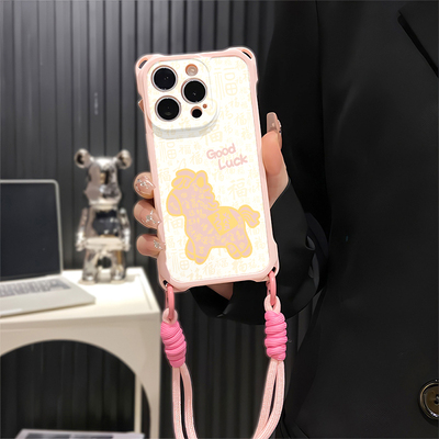 iPhone16国风华为PURA90斜挎手腕挂绳荣耀x80i苹果13四角开孔小米17福字小马适用防摔15plus手机壳软14ProMax