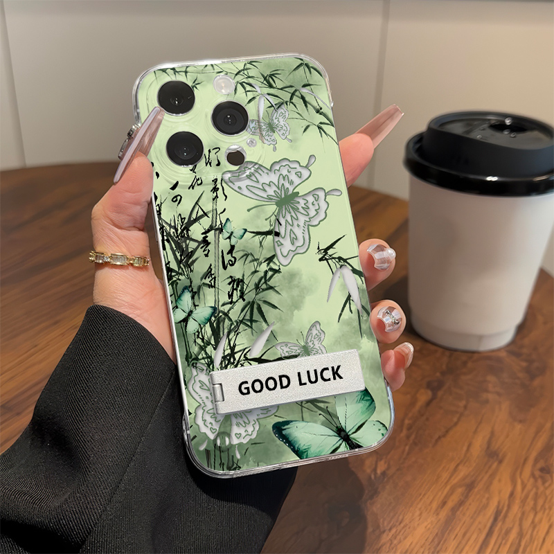 文艺蝴蝶iPhone16适用苹果13无边框华为mate70透明12promax手机壳带支架OPPOReno14超薄小米15spro高级感a3硬