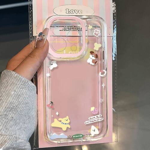 粉框花花小狗手机壳OPPOReno13创意适用iPhone14ProMax荣耀X60i卡通iQOOZ9X透明软12小米15pro简约苹果16plus