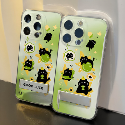 适用苹果15手机壳带支架硬16PLUS新款小鱼黑猫13透明12ProMax可爱小米17超薄iPhone14无边框ins风VIVOX300PRO