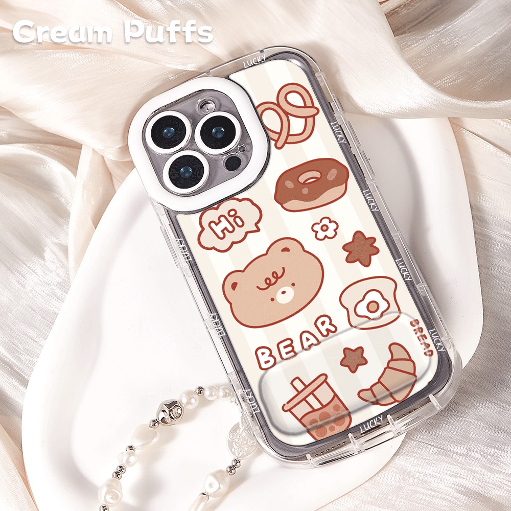 iPhone15手机壳iQOOz9软苹果14面包奶茶小熊一加ACE6镜子支架13适用17ProMax少女心16plus带挂绳荣耀400ins风