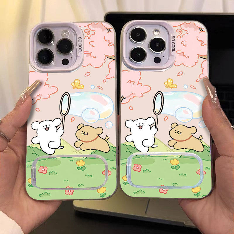 苹果13适用iPhone17情侣吹泡泡小狗华为Nova12活力版硬14彩银16plus可爱15ProMax手机壳带镜子支架OPPOFINDX8