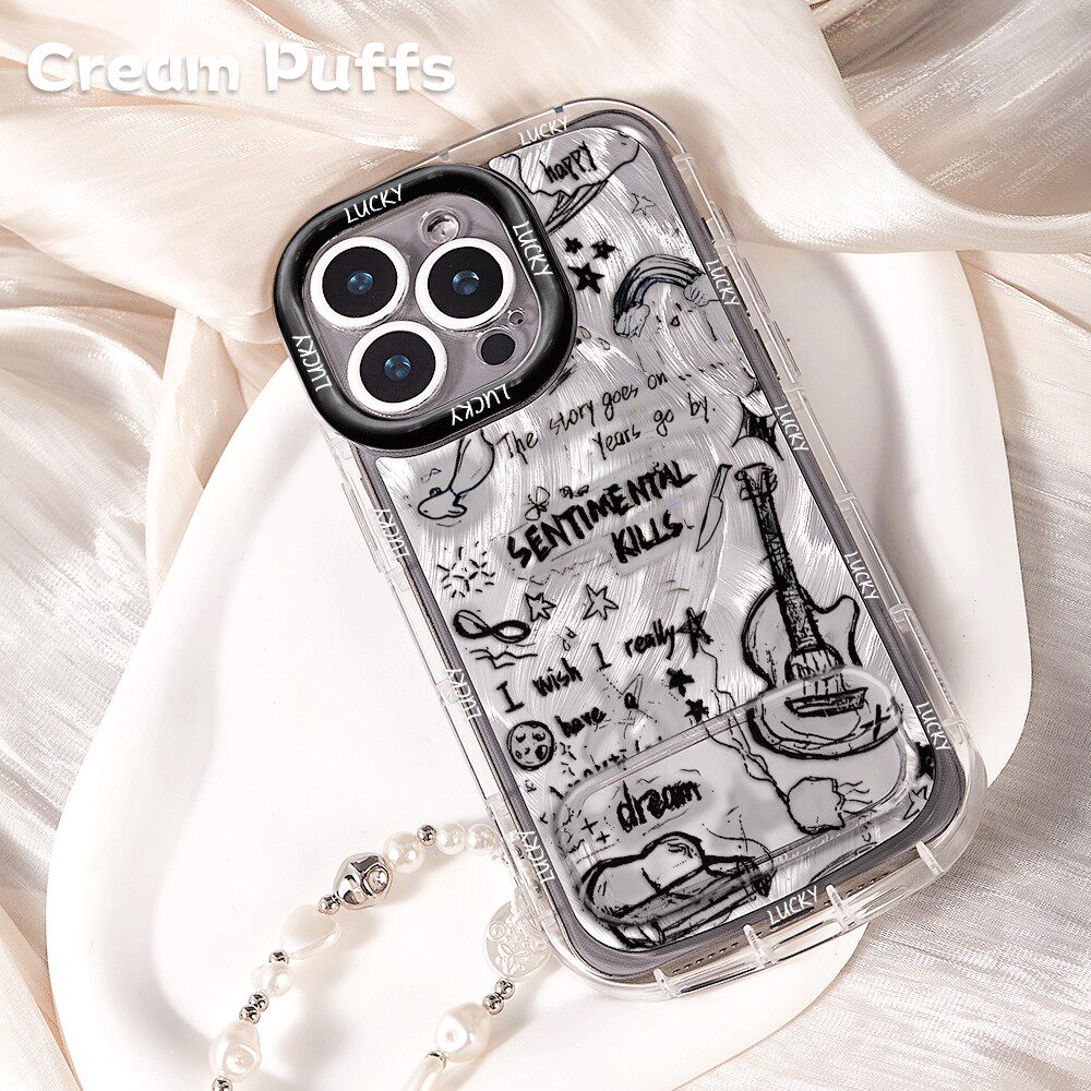 iPhone17苹果14潮酷手机壳软15ProMax少女心带挂绳16plus新款涂鸦吉他适用Nova12镜子支架一加13个性真我neo8