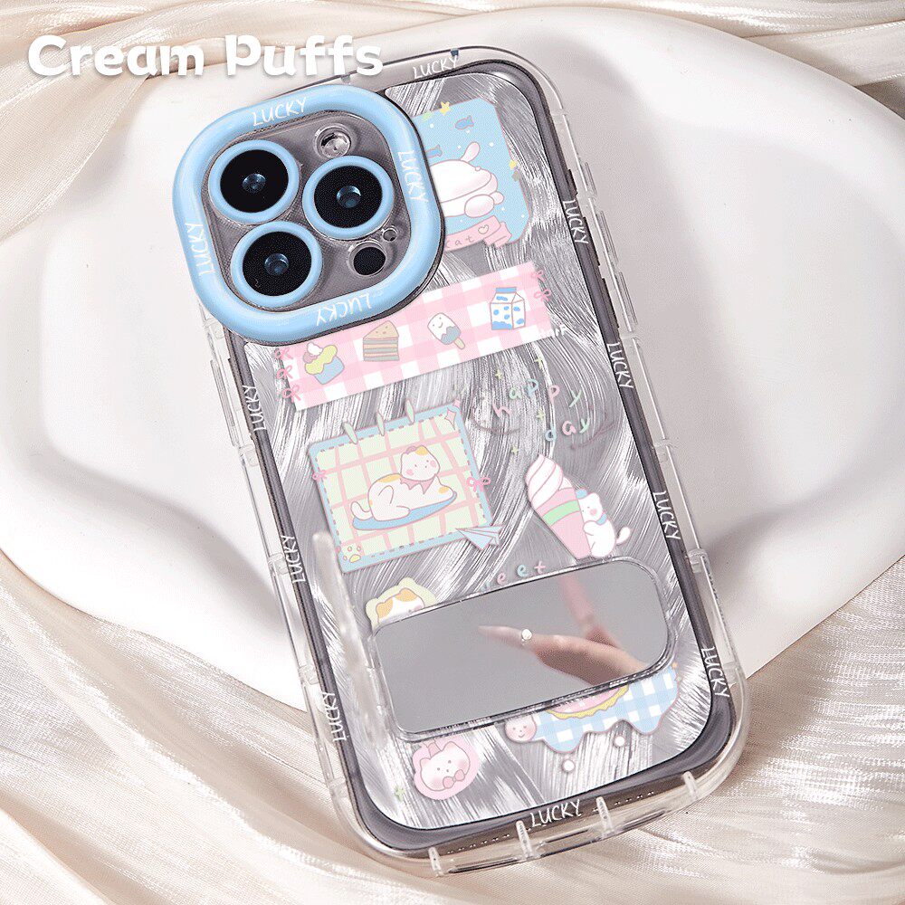 冰淇淋猫咪iPhone14适用真我15带挂绳16plus高颜值华为Pura70pro手机壳软苹果14镜子支架17ProMax小众荣耀500