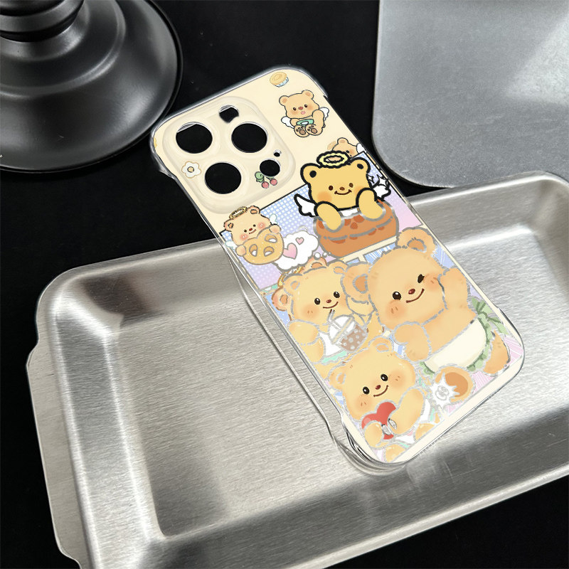 拼接黄油小熊适用iPhone12高级感OPPORENO15可爱硬16plus手机壳带支架苹果14无边框小米17ProMax超薄13pm透明