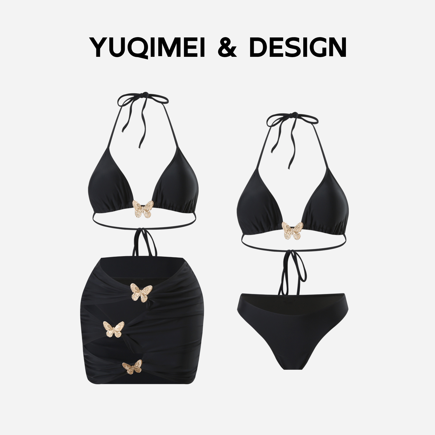 YUQIMEI黑色性感比基尼三件套2025新款纯欲高级感泡温泉泳衣女款