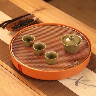 圆形不锈钢聚酯底储水茶盘客厅家用小型茶托盘轻奢干泡台 2024新款