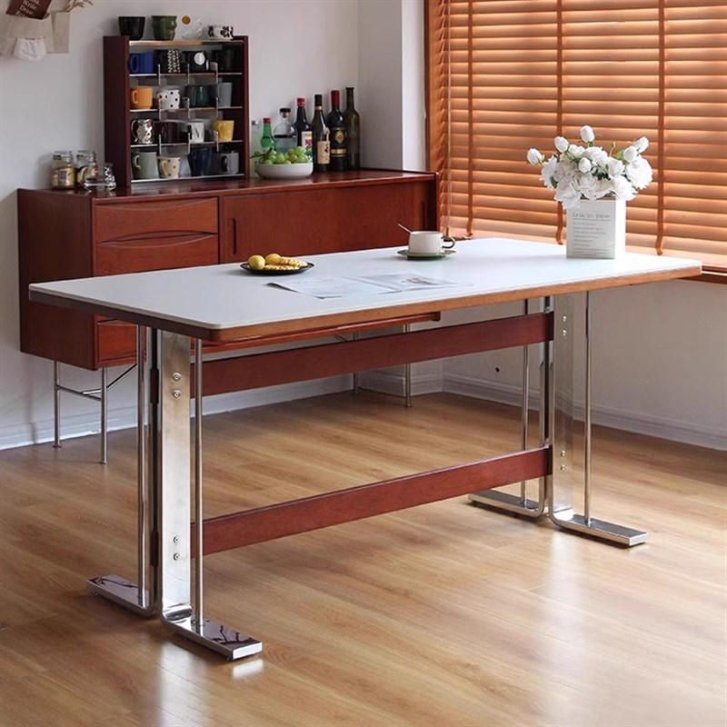 伯尔尼岩板餐桌 樱桃木实木复古桌子家用不锈钢小户型长方形饭桌