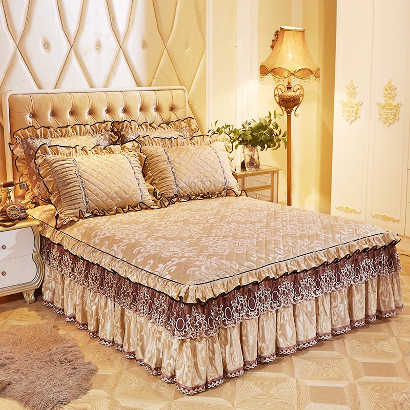 申牟家纺欧式天鹅绒刺绣蕾丝夹棉床裙三件加厚加绒加棉床罩单件